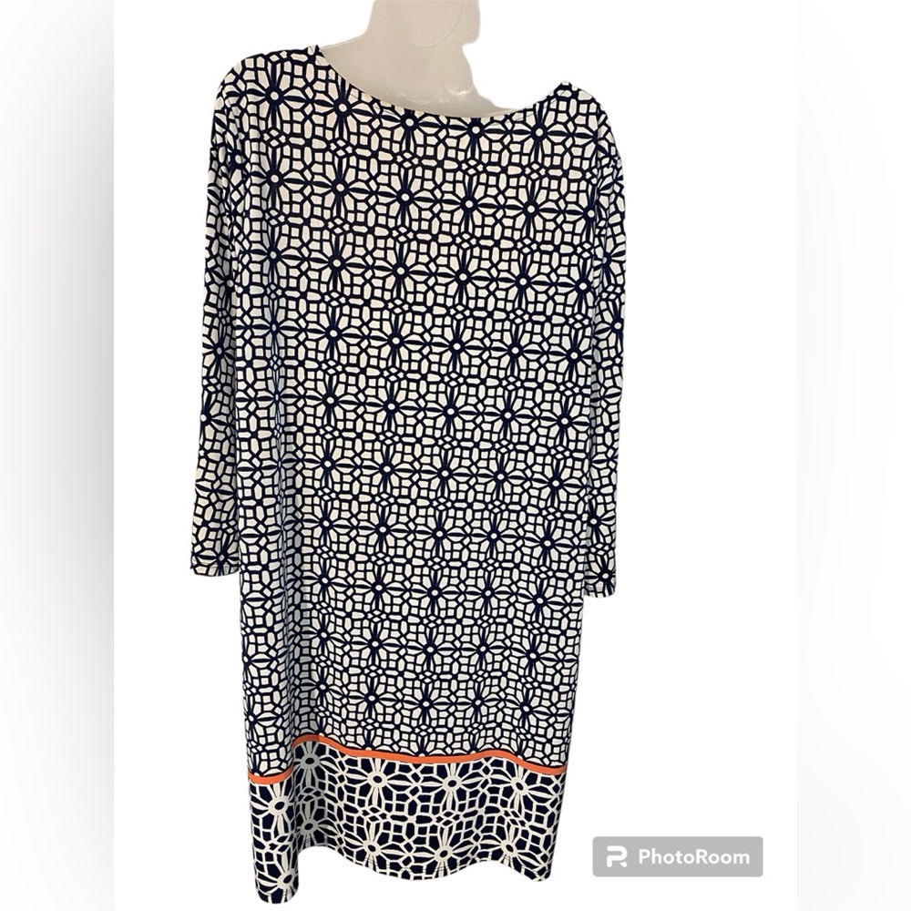 Tacera Shift Dress Qtr Length Sleeve Black/White w/Peach Geometric Women's 1X - Picture 2 of 7